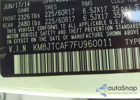 2015 Hyundai Tucson Gls from USA, damaged, VIN KM8JTCAF7FU960011